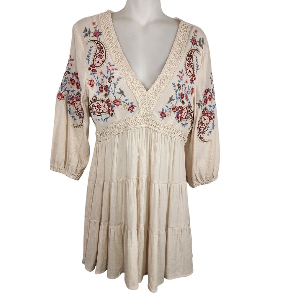 Audrey Parks Francesca's Embroidered Tiered Mini Dress Small Western Boho Floral